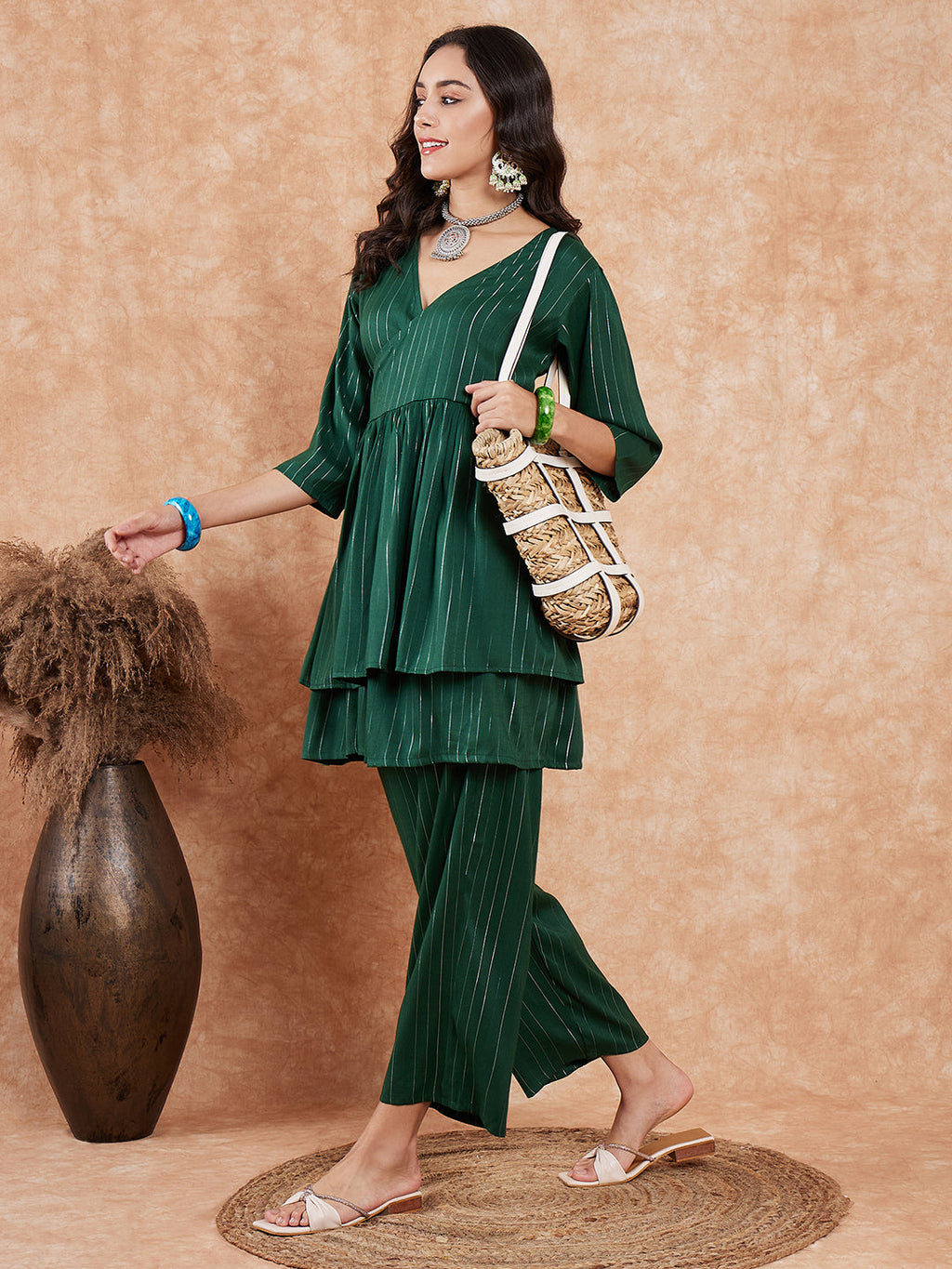 InWeave Women's Pine Green Lurex High Low Angrakha Tie Up Kurta Set