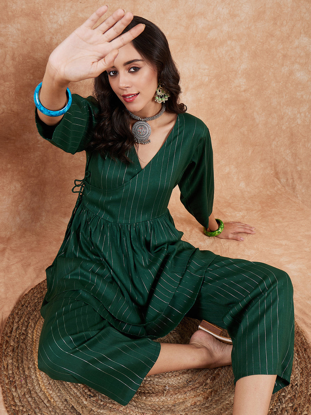 InWeave Women's Pine Green Lurex High Low Angrakha Tie Up Kurta Set