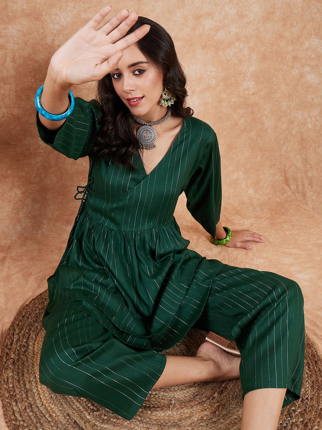 InWeave Women's Pine Green Lurex High Low Angrakha Tie Up Kurta Set