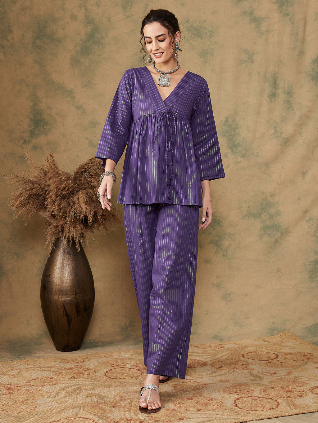InWeave Women's Purple Lurex V Neck Front Tie Up Kurta Pant Set