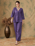 InWeave Women's Purple Lurex V Neck Front Tie Up Kurta Pant Set