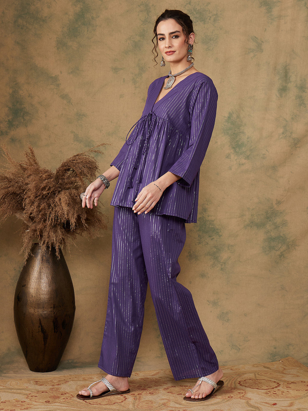 InWeave Women's Purple Lurex V Neck Front Tie Up Kurta Pant Set