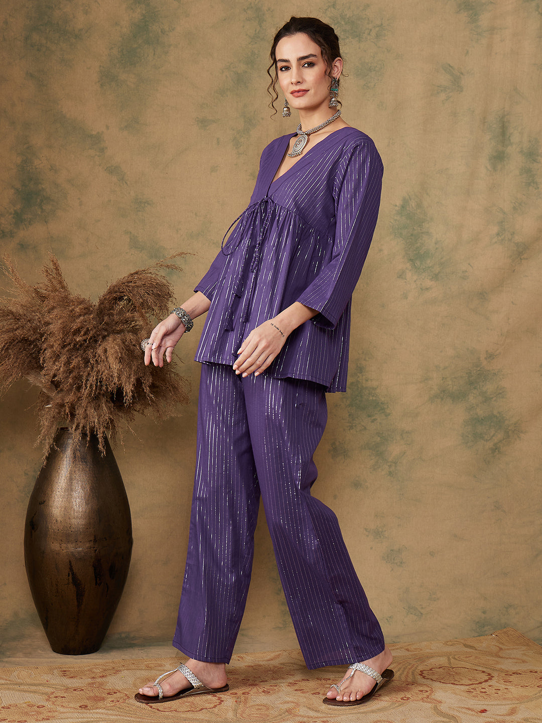 InWeave Women's Purple Lurex V Neck Front Tie Up Kurta Pant Set