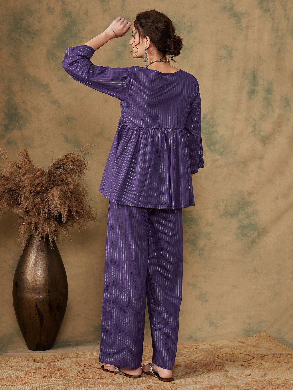 InWeave Women's Purple Lurex V Neck Front Tie Up Kurta Pant Set