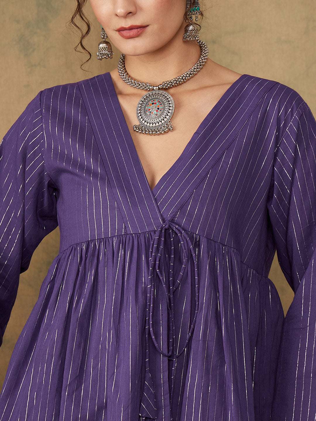 InWeave Women's Purple Lurex V Neck Front Tie Up Kurta Pant Set