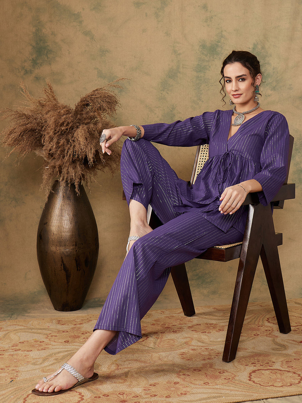 InWeave Women's Purple Lurex V Neck Front Tie Up Kurta Pant Set