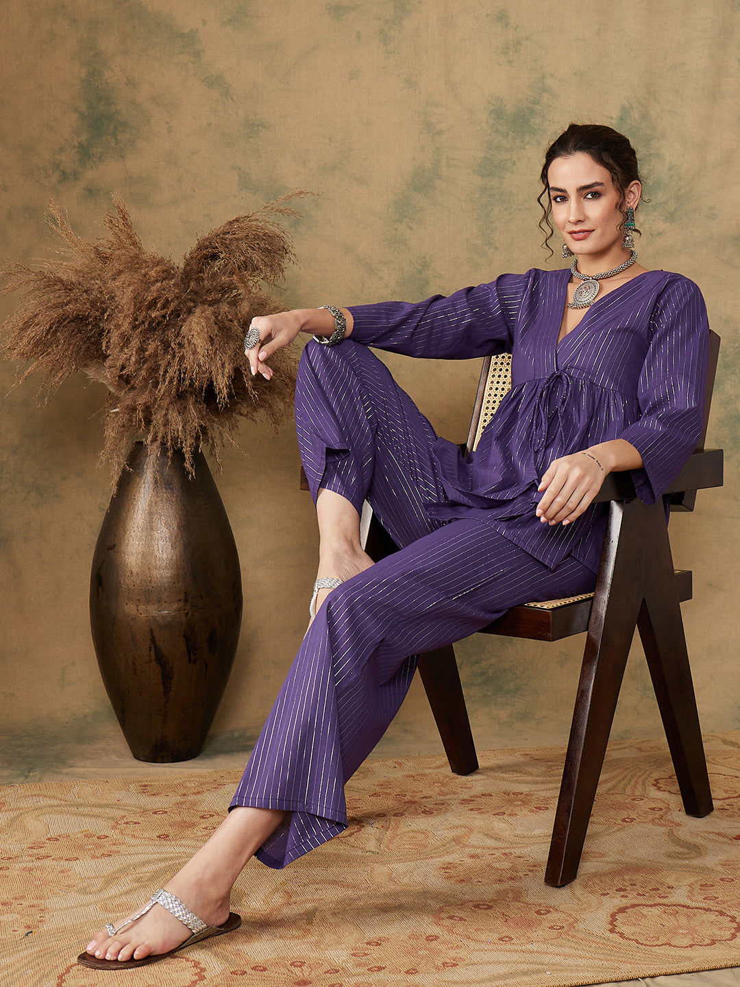 InWeave Women's Purple Lurex V Neck Front Tie Up Kurta Pant Set
