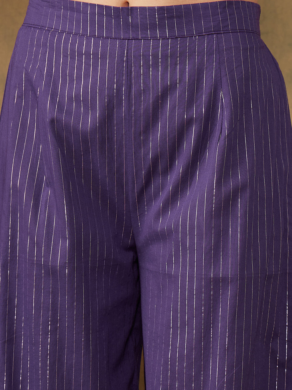 InWeave Women's Purple Lurex V Neck Front Tie Up Kurta Pant Set