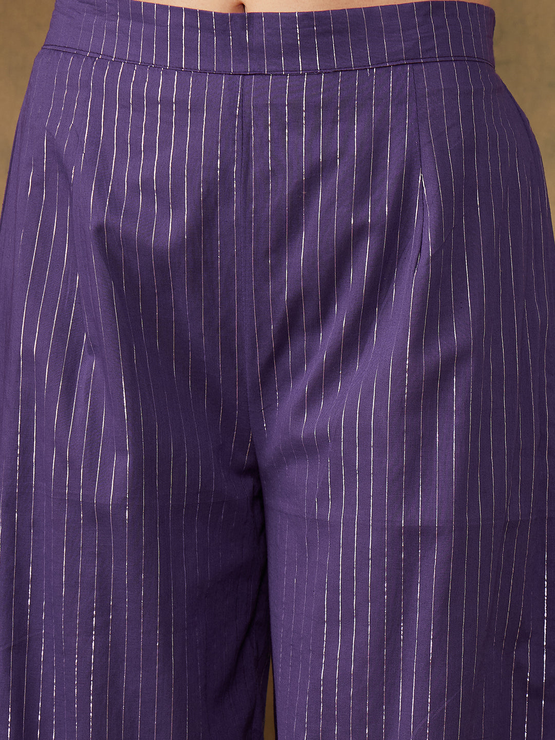 InWeave Women's Purple Lurex V Neck Front Tie Up Kurta Pant Set