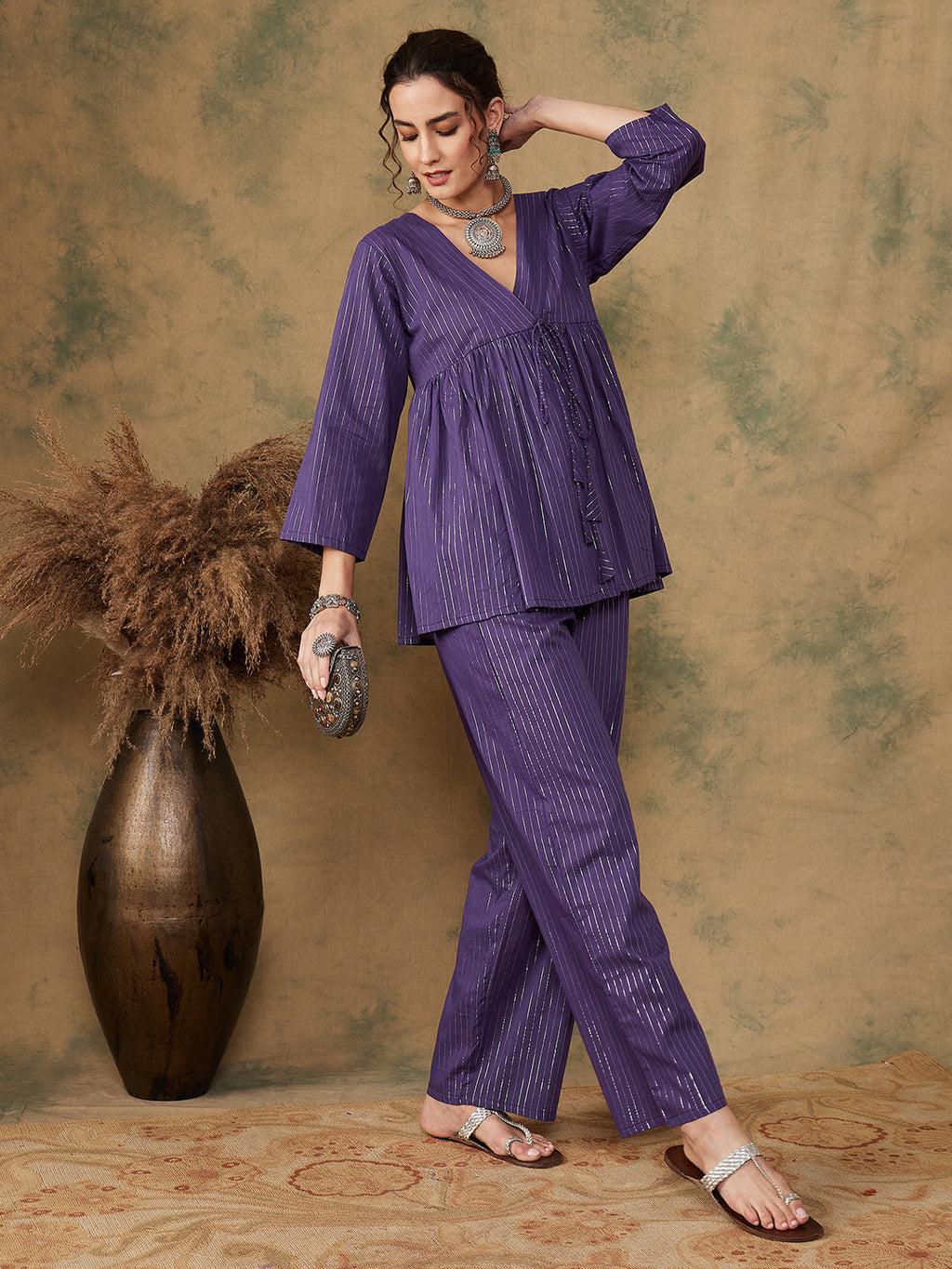 InWeave Women's Purple Lurex V Neck Front Tie Up Kurta Pant Set