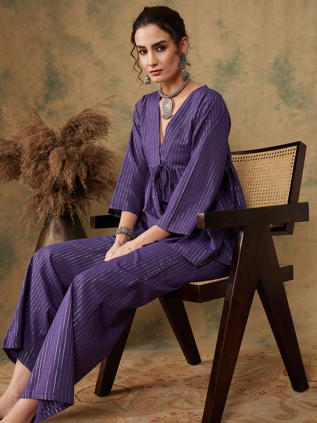 InWeave Women's Purple Lurex V Neck Front Tie Up Kurta Pant Set