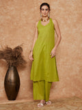 InWeave Women's Lime Green Lurex Neck Patti Halter Kurta Pant Set