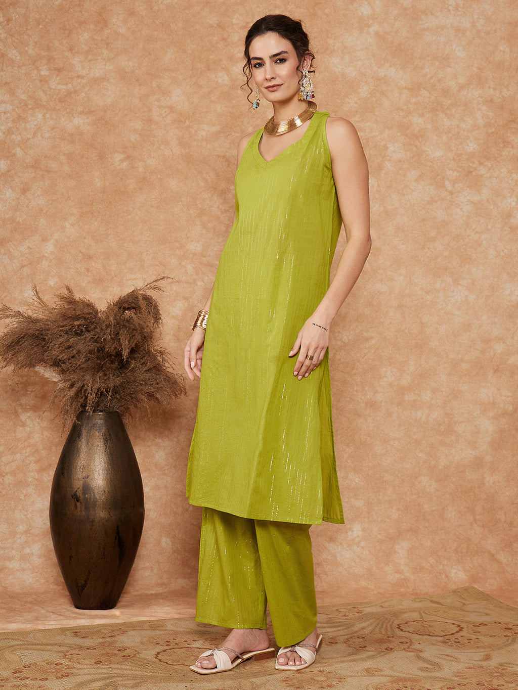 InWeave Women's Lime Green Lurex Neck Patti Halter Kurta Pant Set