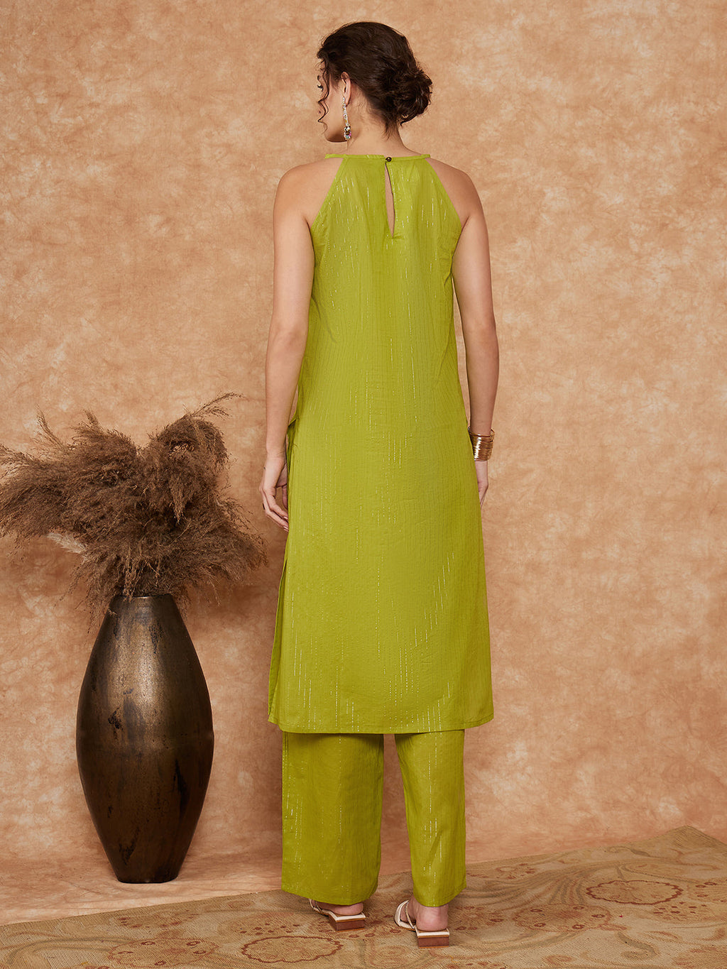 InWeave Women's Lime Green Lurex Neck Patti Halter Kurta Pant Set