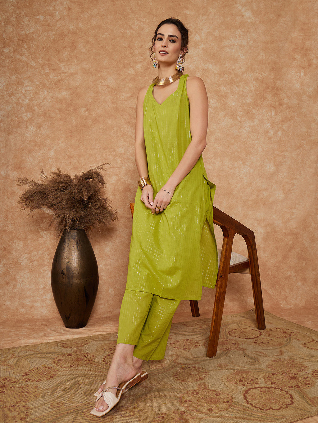 InWeave Women's Lime Green Lurex Neck Patti Halter Kurta Pant Set