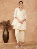 InWeave Women's White Gold Lurex High Low Angrakha Tie Up Kurta Set
