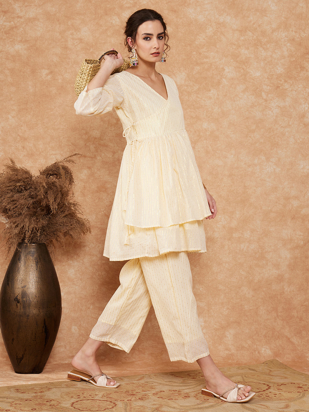 InWeave Women's White Gold Lurex High Low Angrakha Tie Up Kurta Set
