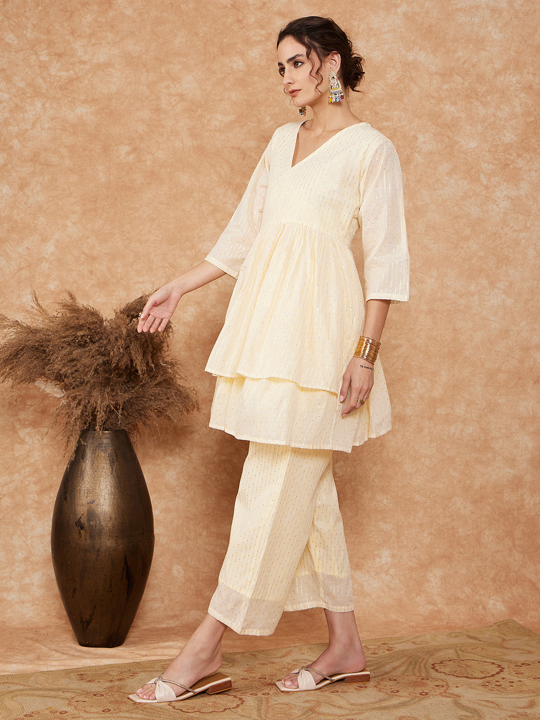 InWeave Women's White Gold Lurex High Low Angrakha Tie Up Kurta Set