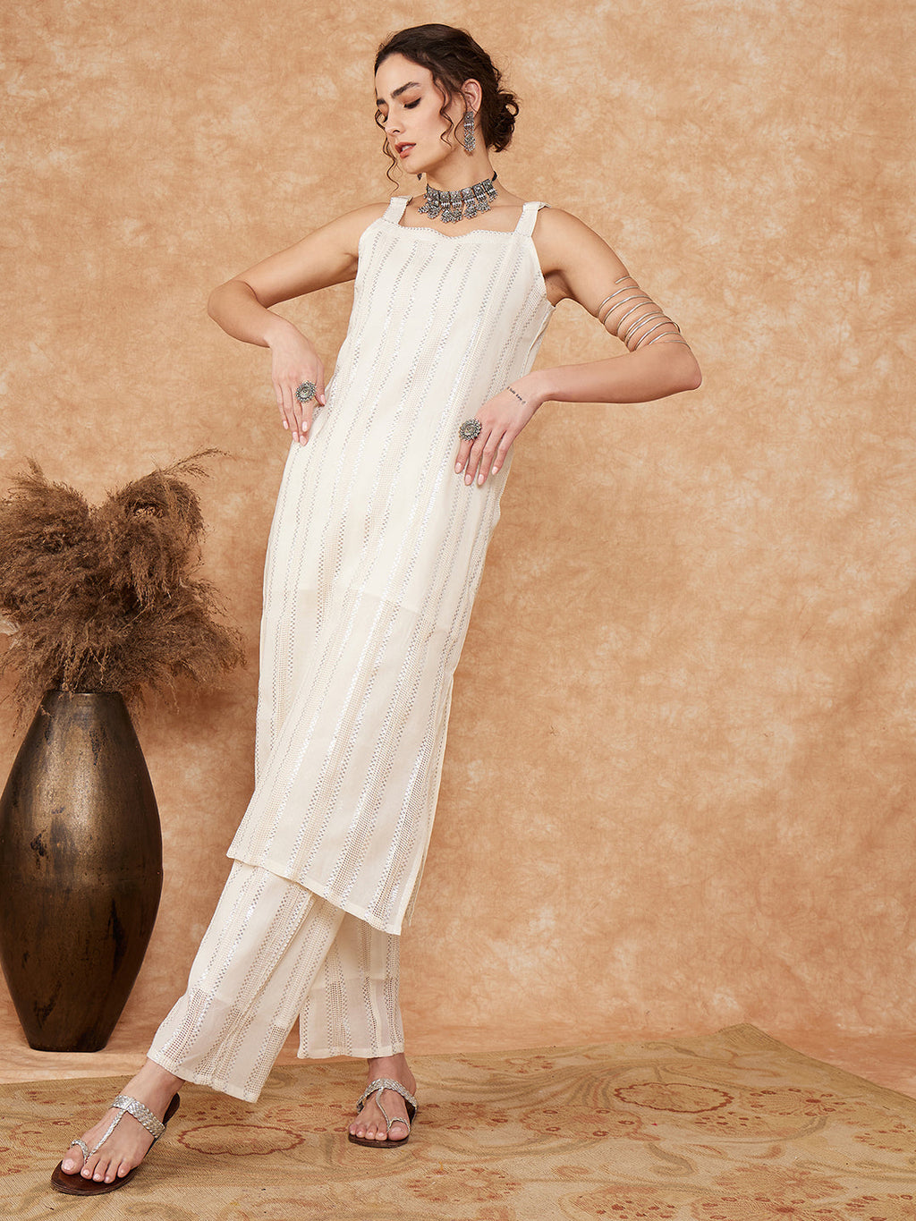 InWeave Women's White Lace Lurex Thick Strapp Straight Kurta Pant Set