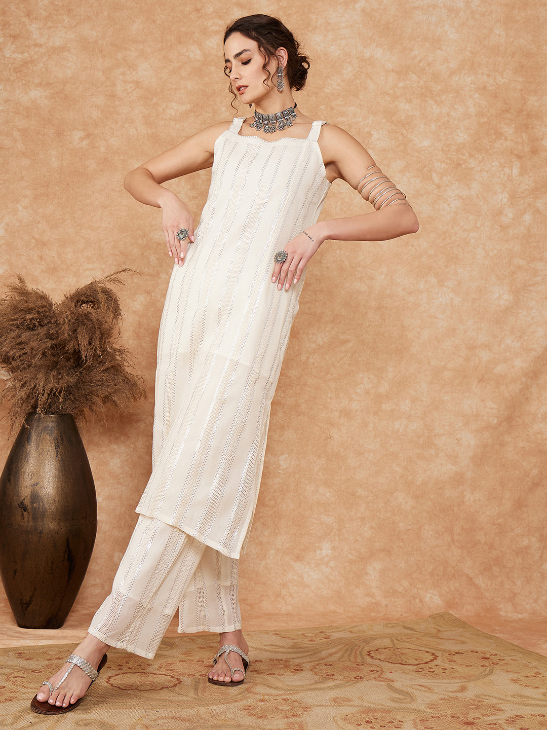 InWeave Women's White Lace Lurex Thick Strapp Straight Kurta Pant Set