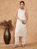 InWeave Women's White Lace Lurex Thick Strapp Straight Kurta Pant Set