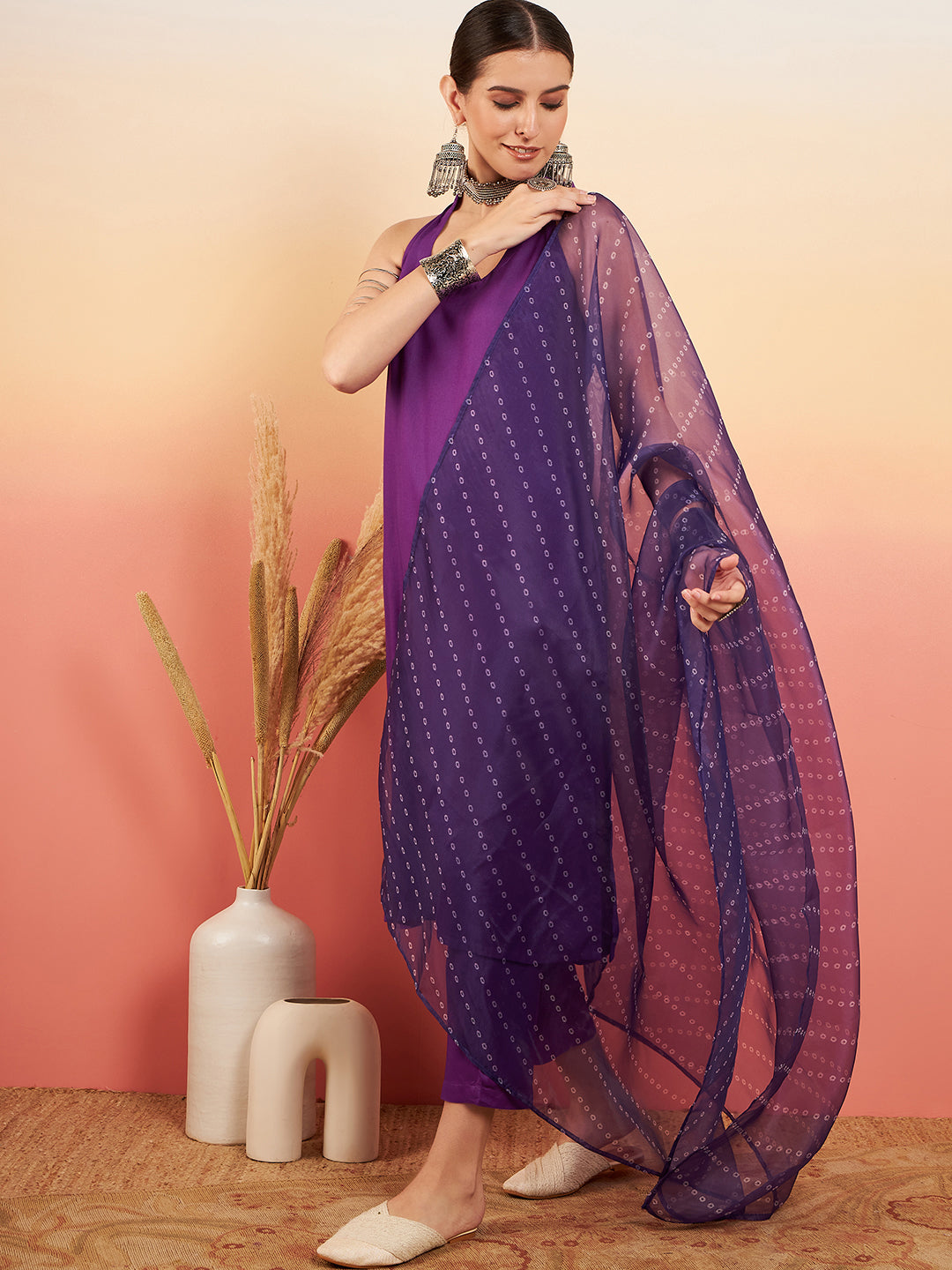 InWeave Women's Violet Neck Patti Halter Kurta Set W Violet Badhani Dupatta