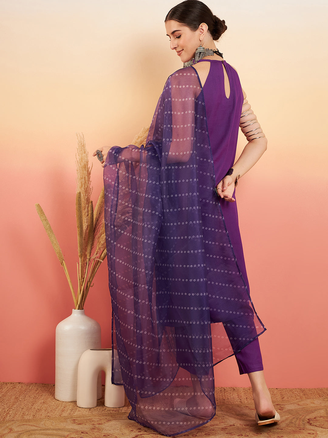 InWeave Women's Violet Neck Patti Halter Kurta Set W Violet Badhani Dupatta