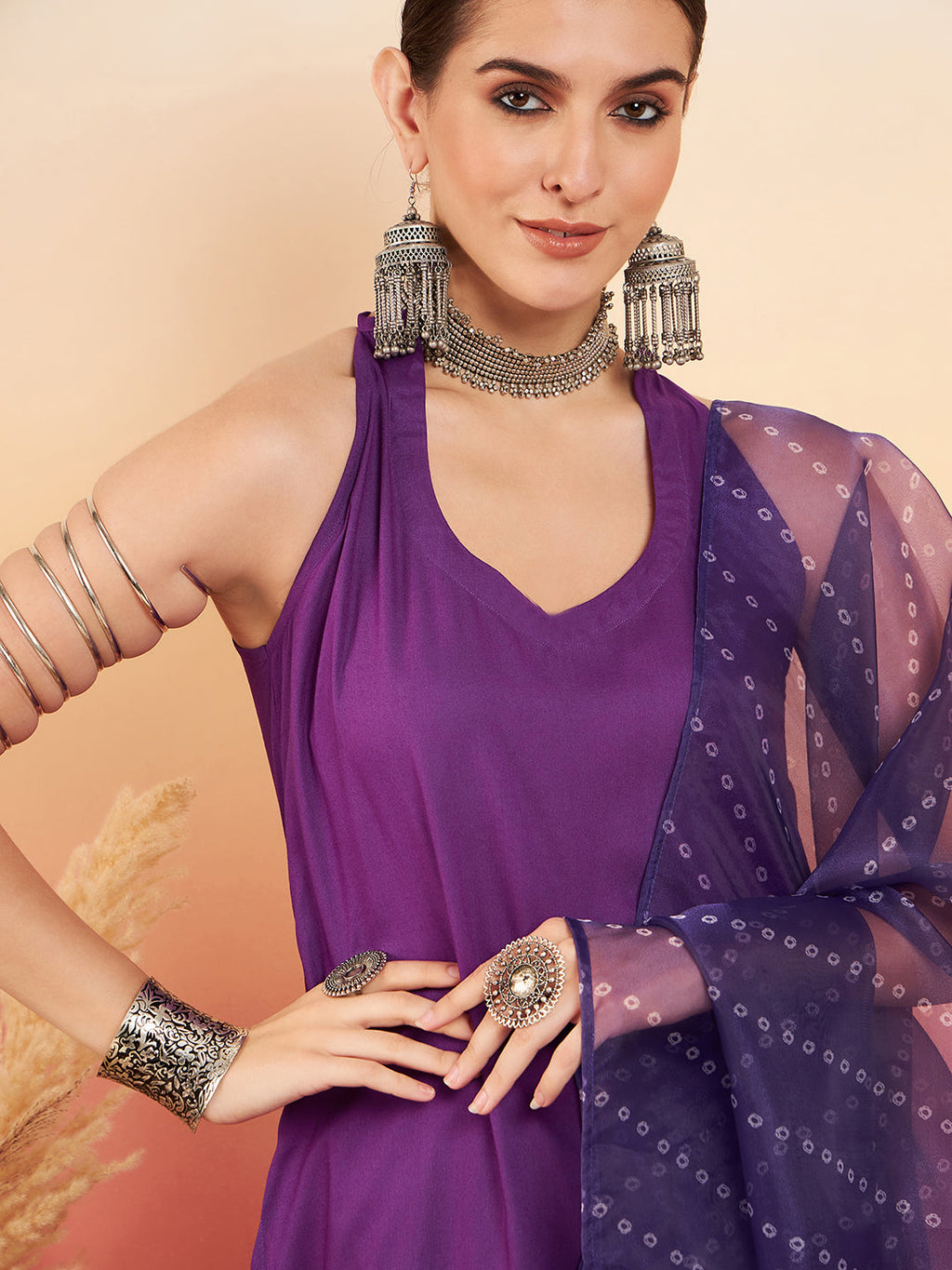 InWeave Women's Violet Neck Patti Halter Kurta Set W Violet Badhani Dupatta