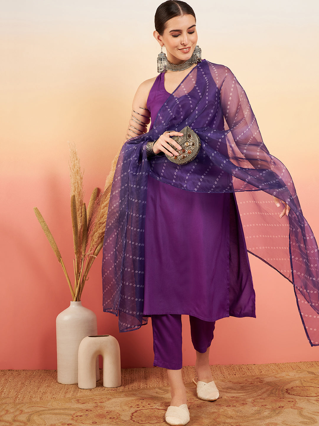 InWeave Women's Violet Neck Patti Halter Kurta Set W Violet Badhani Dupatta