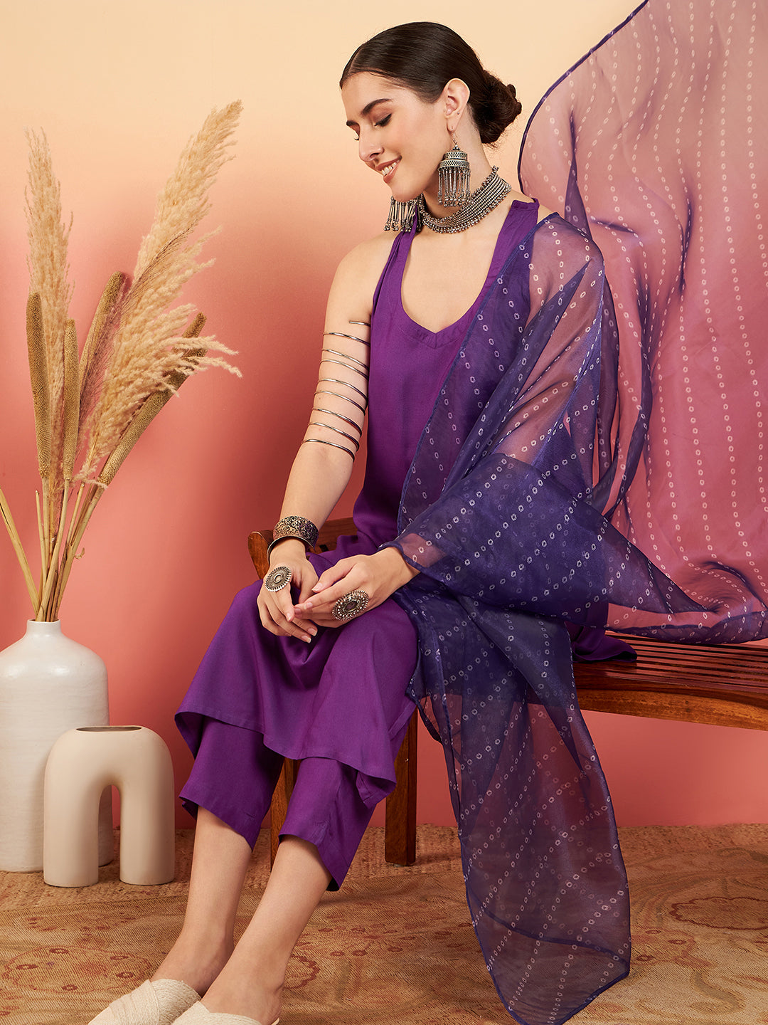 InWeave Women's Violet Neck Patti Halter Kurta Set W Violet Badhani Dupatta