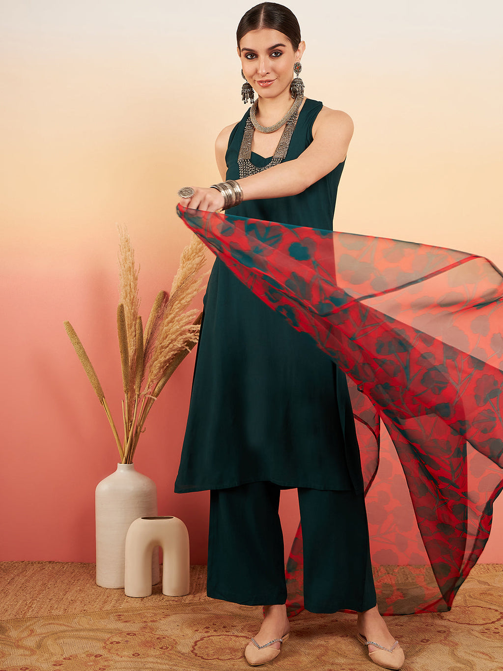 InWeave Women's Dark Green Neck Patti Halter Kurta Set Red Green Or Dupatta