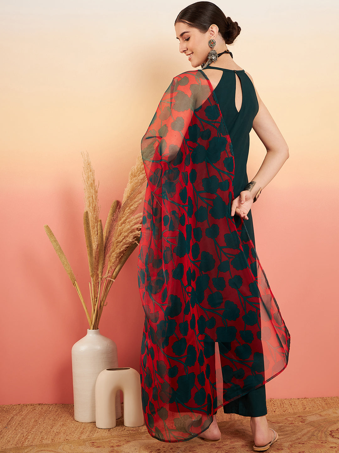 InWeave Women's Dark Green Neck Patti Halter Kurta Set Red Green Or Dupatta
