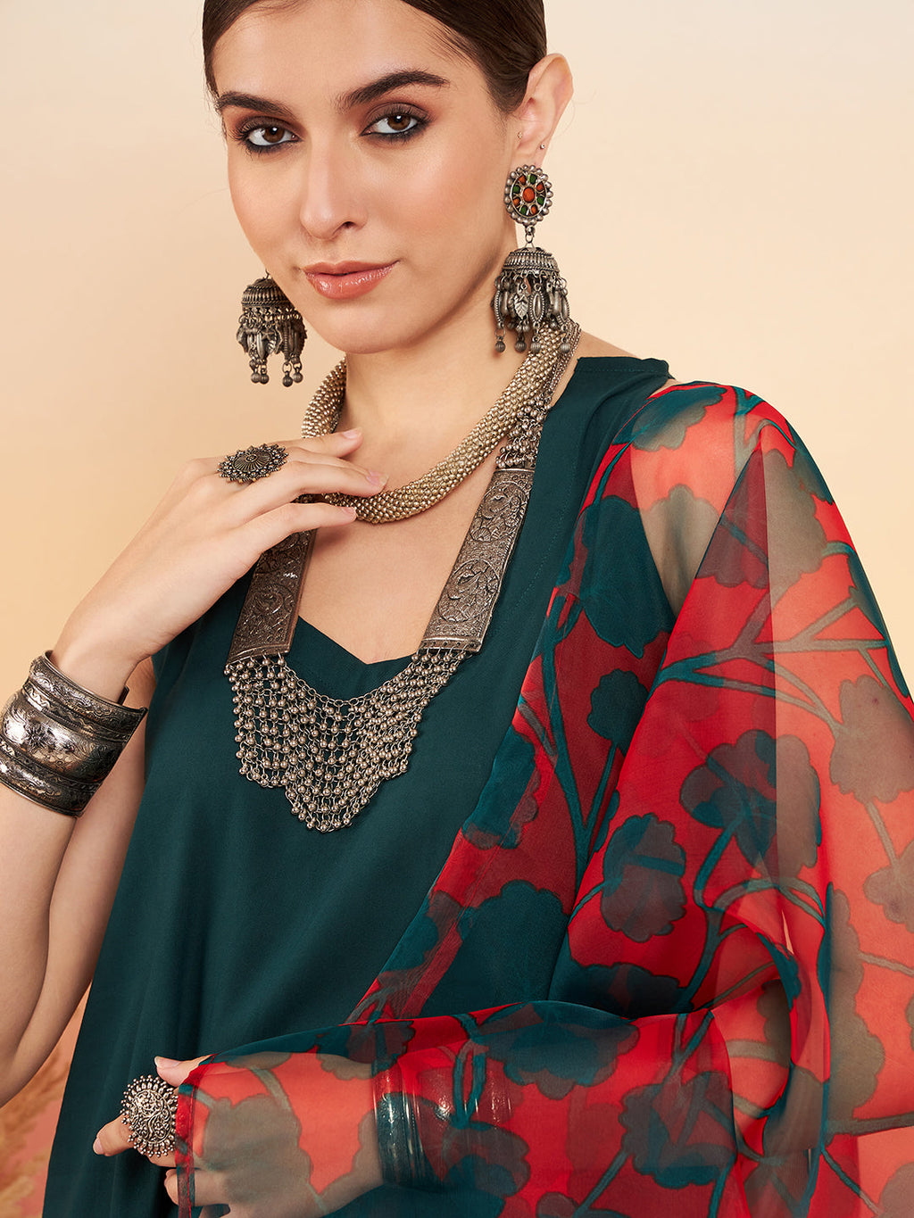 InWeave Women's Dark Green Neck Patti Halter Kurta Set Red Green Or Dupatta