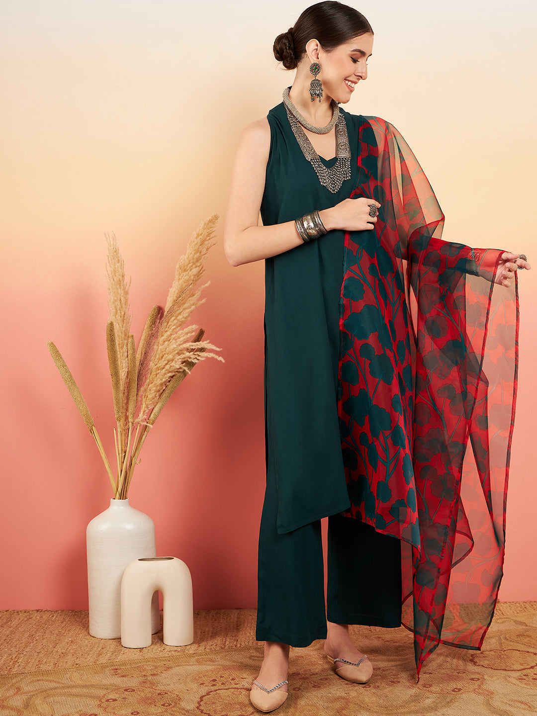 InWeave Women's Dark Green Neck Patti Halter Kurta Set Red Green Or Dupatta