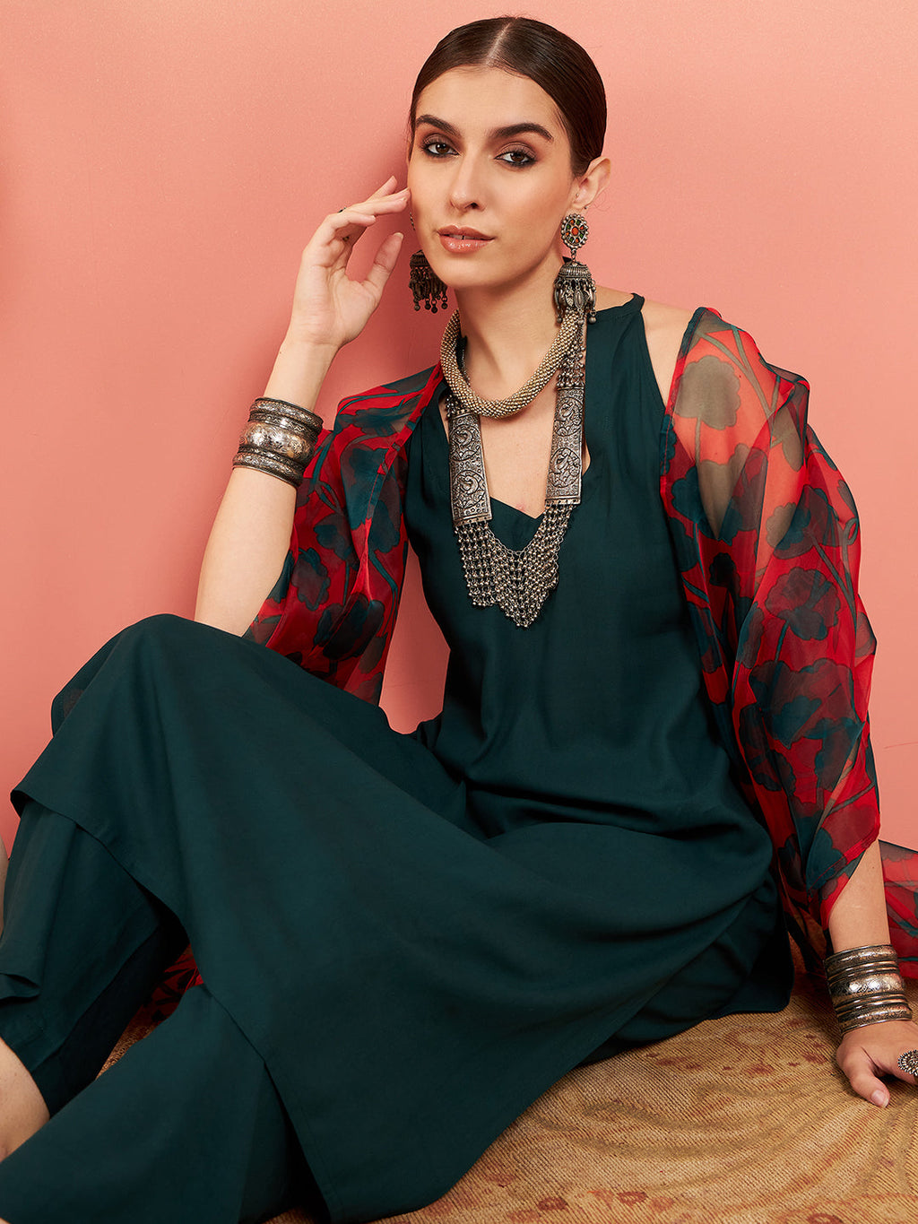 InWeave Women's Dark Green Neck Patti Halter Kurta Set Red Green Or Dupatta