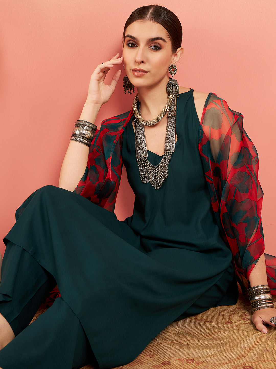 InWeave Women's Dark Green Neck Patti Halter Kurta Set Red Green Or Dupatta