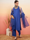 InWeave Women's Ink Blue Neck Patti Halter Kurta Set Blue Badhani Or Dupatta