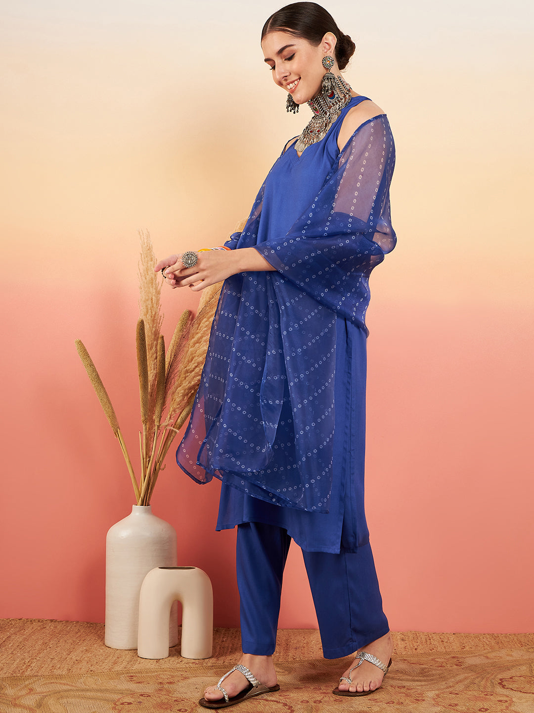InWeave Women's Ink Blue Neck Patti Halter Kurta Set Blue Badhani Or Dupatta