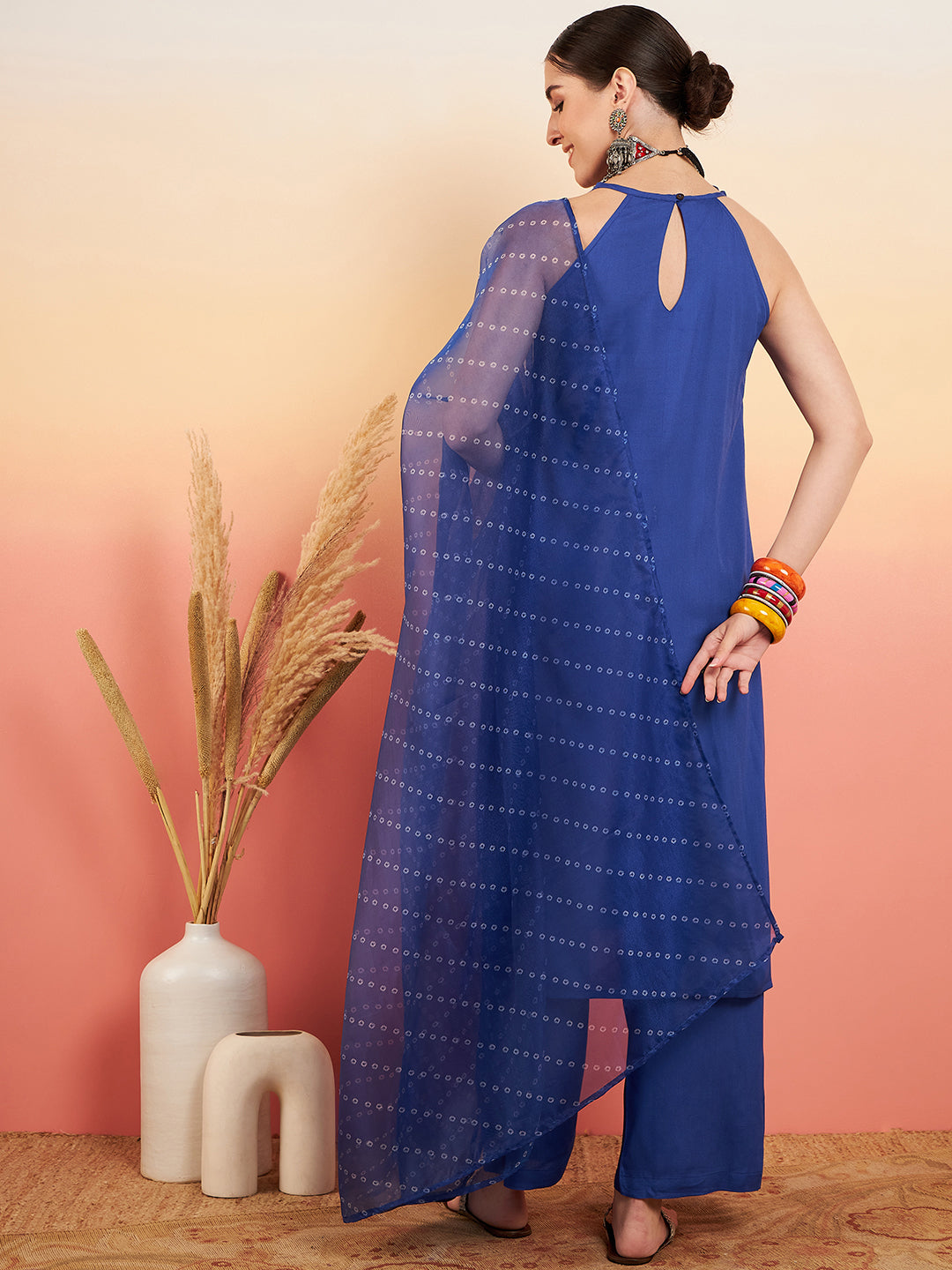 InWeave Women's Ink Blue Neck Patti Halter Kurta Set Blue Badhani Or Dupatta