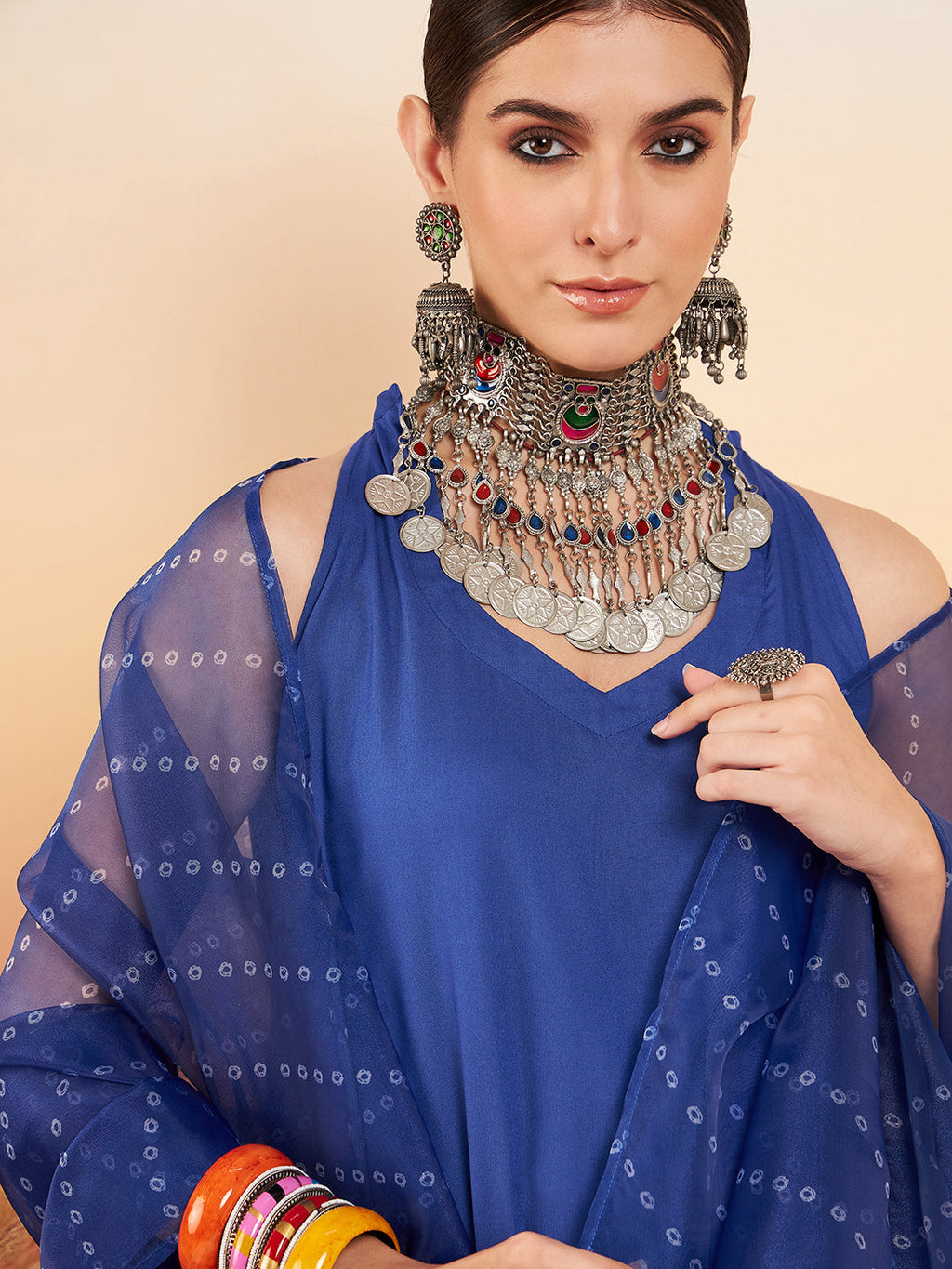 InWeave Women's Ink Blue Neck Patti Halter Kurta Set Blue Badhani Or Dupatta