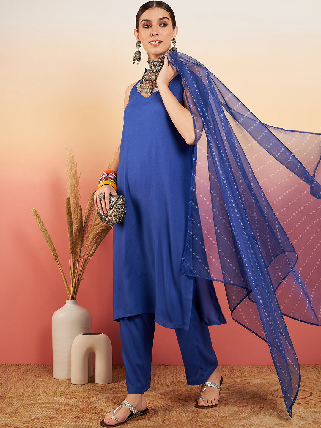 InWeave Women's Ink Blue Neck Patti Halter Kurta Set Blue Badhani Or Dupatta