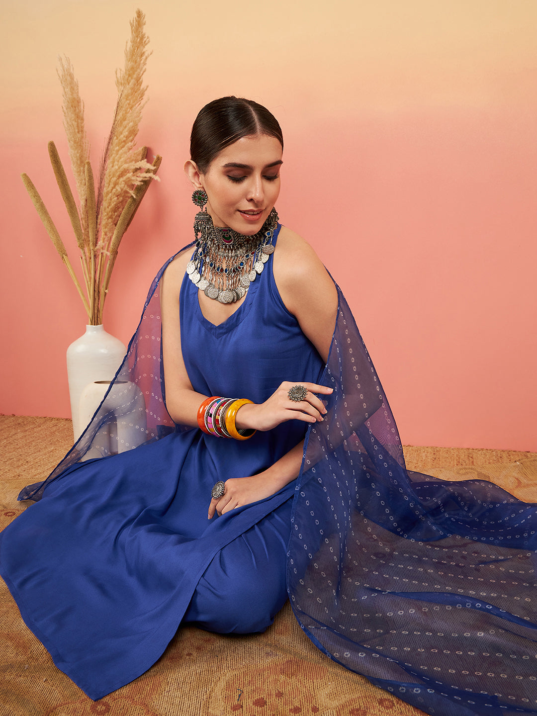 InWeave Women's Ink Blue Neck Patti Halter Kurta Set Blue Badhani Or Dupatta