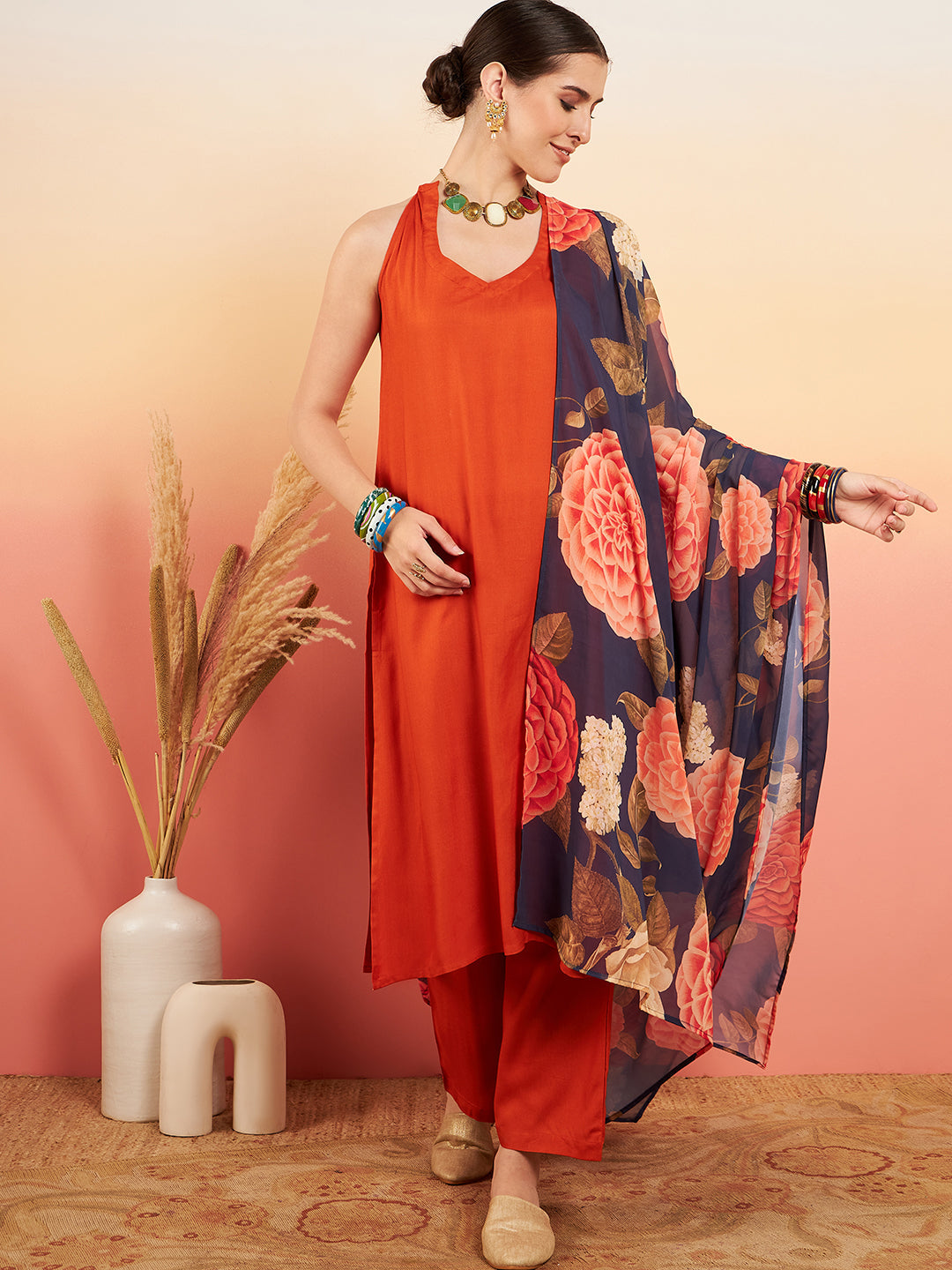 InWeave Women's Marmalade Orange Neck Patti Halter Kurta Set Navy Floral Ge Dupatta