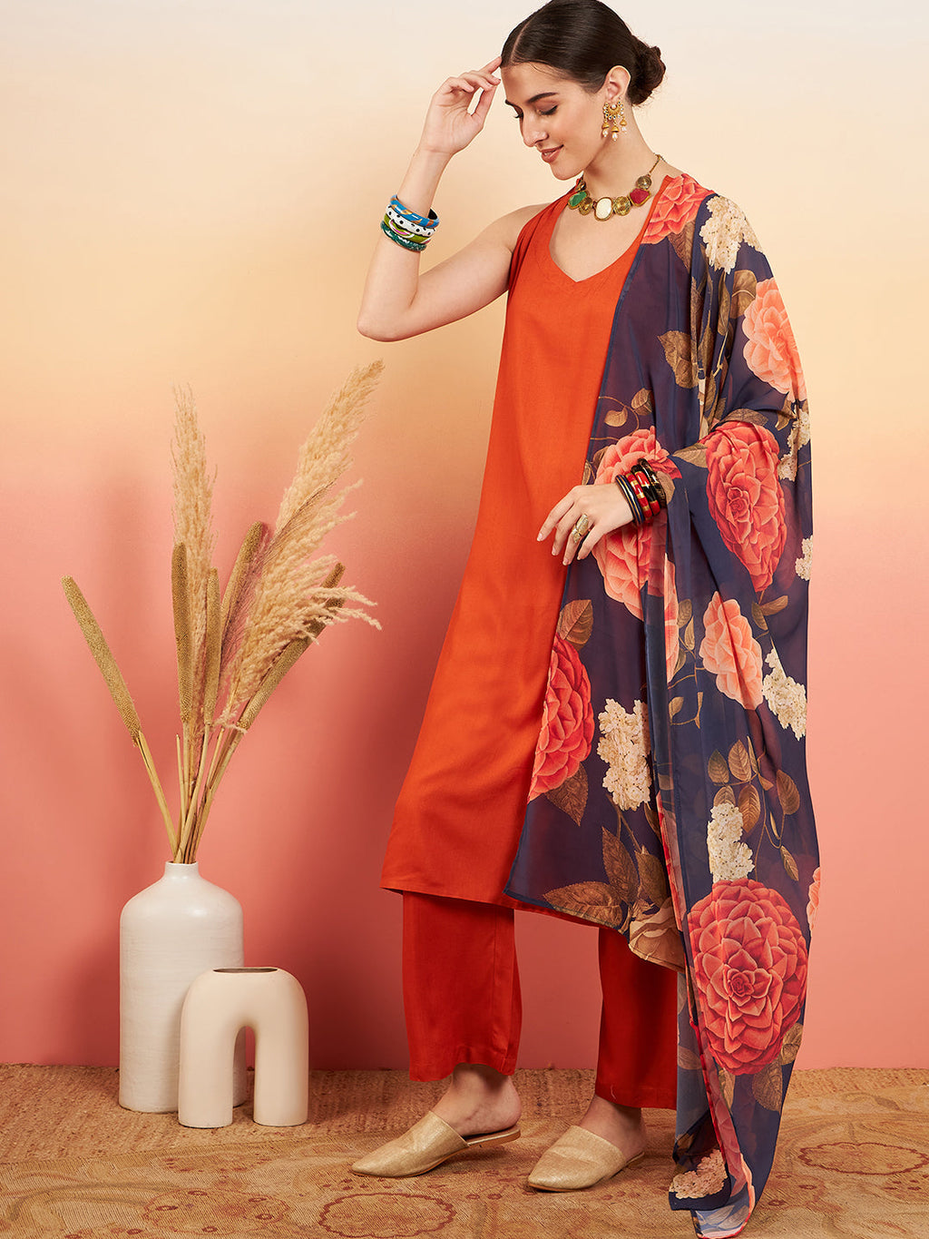 InWeave Women's Marmalade Orange Neck Patti Halter Kurta Set Navy Floral Ge Dupatta