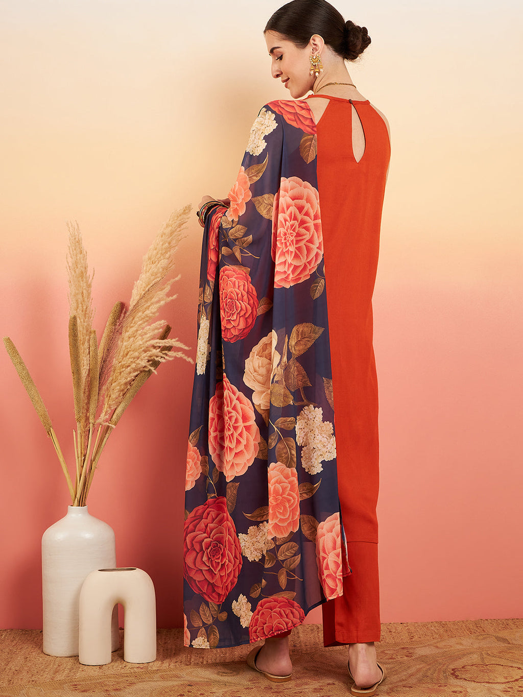 InWeave Women's Marmalade Orange Neck Patti Halter Kurta Set Navy Floral Ge Dupatta