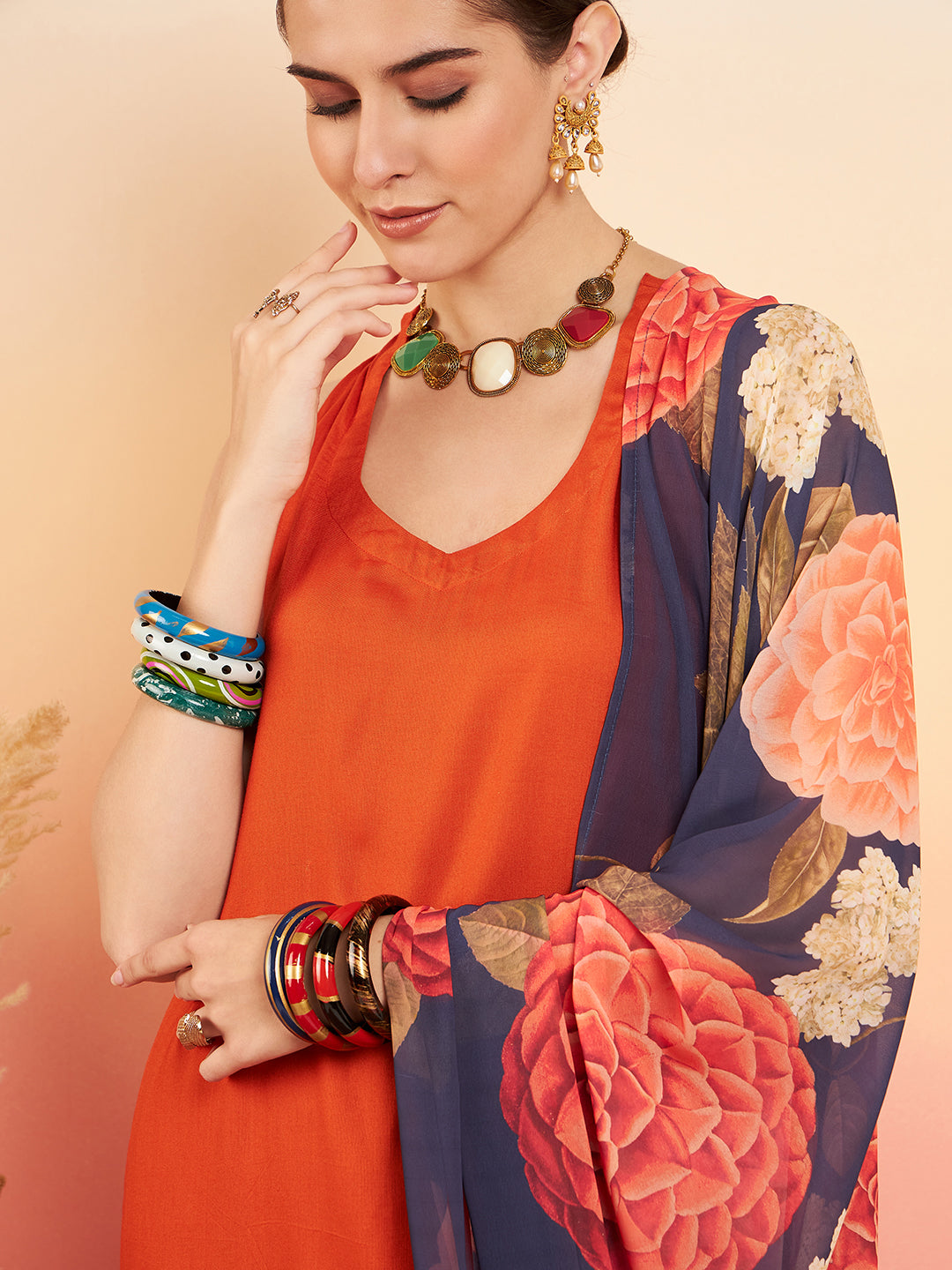 InWeave Women's Marmalade Orange Neck Patti Halter Kurta Set Navy Floral Ge Dupatta