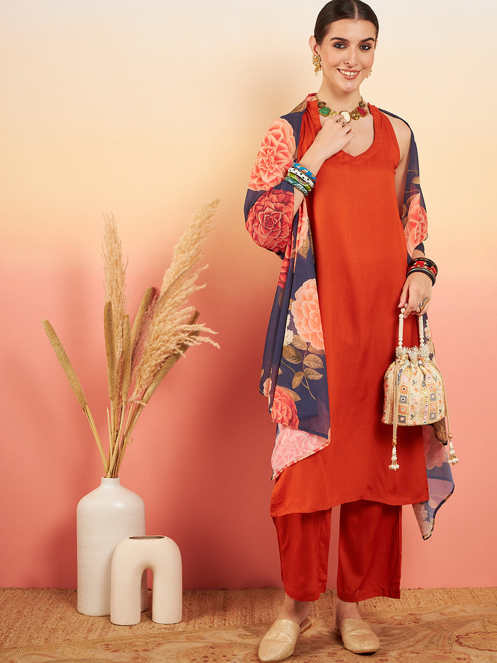InWeave Women's Marmalade Orange Neck Patti Halter Kurta Set Navy Floral Ge Dupatta