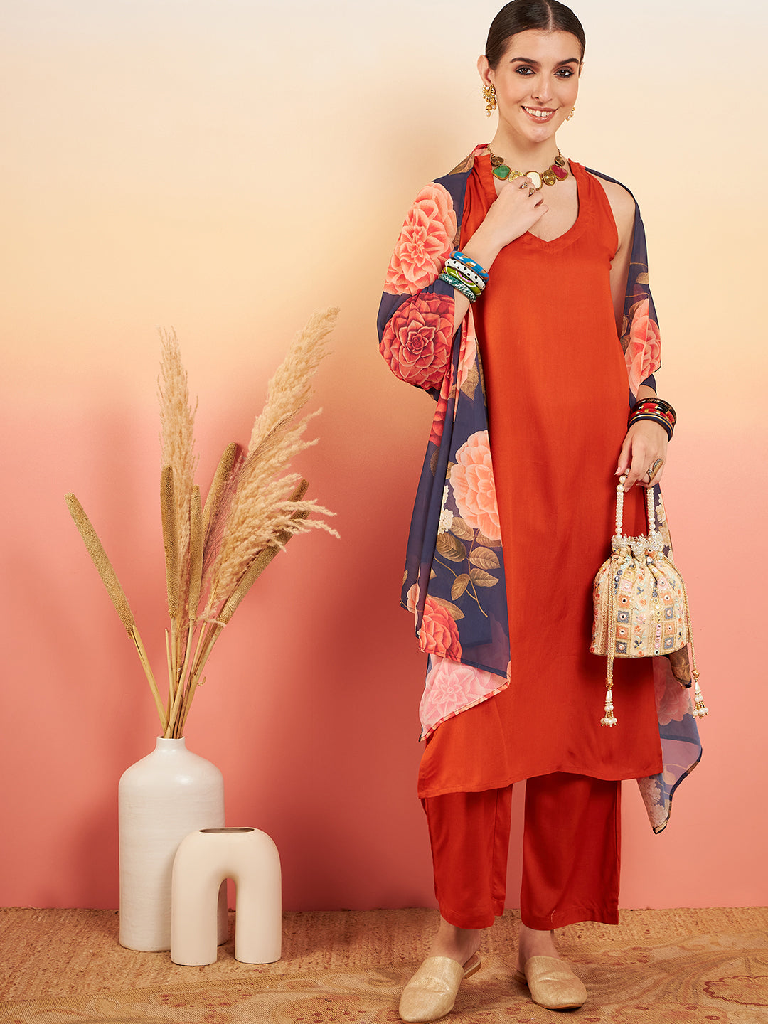 InWeave Women's Marmalade Orange Neck Patti Halter Kurta Set Navy Floral Ge Dupatta