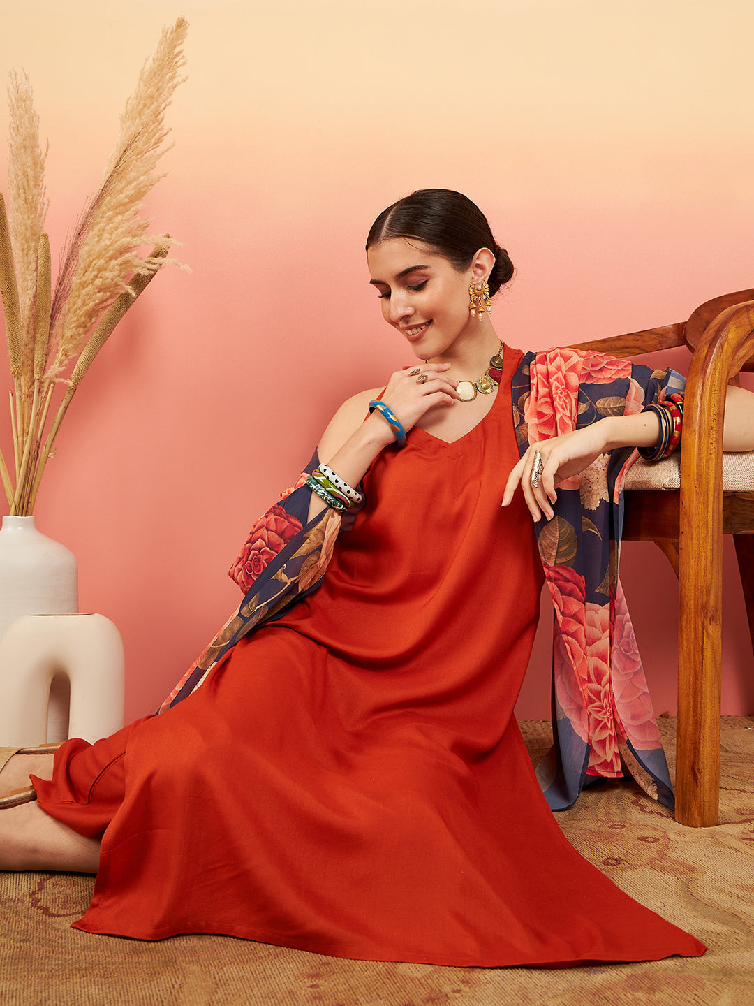 InWeave Women's Marmalade Orange Neck Patti Halter Kurta Set Navy Floral Ge Dupatta