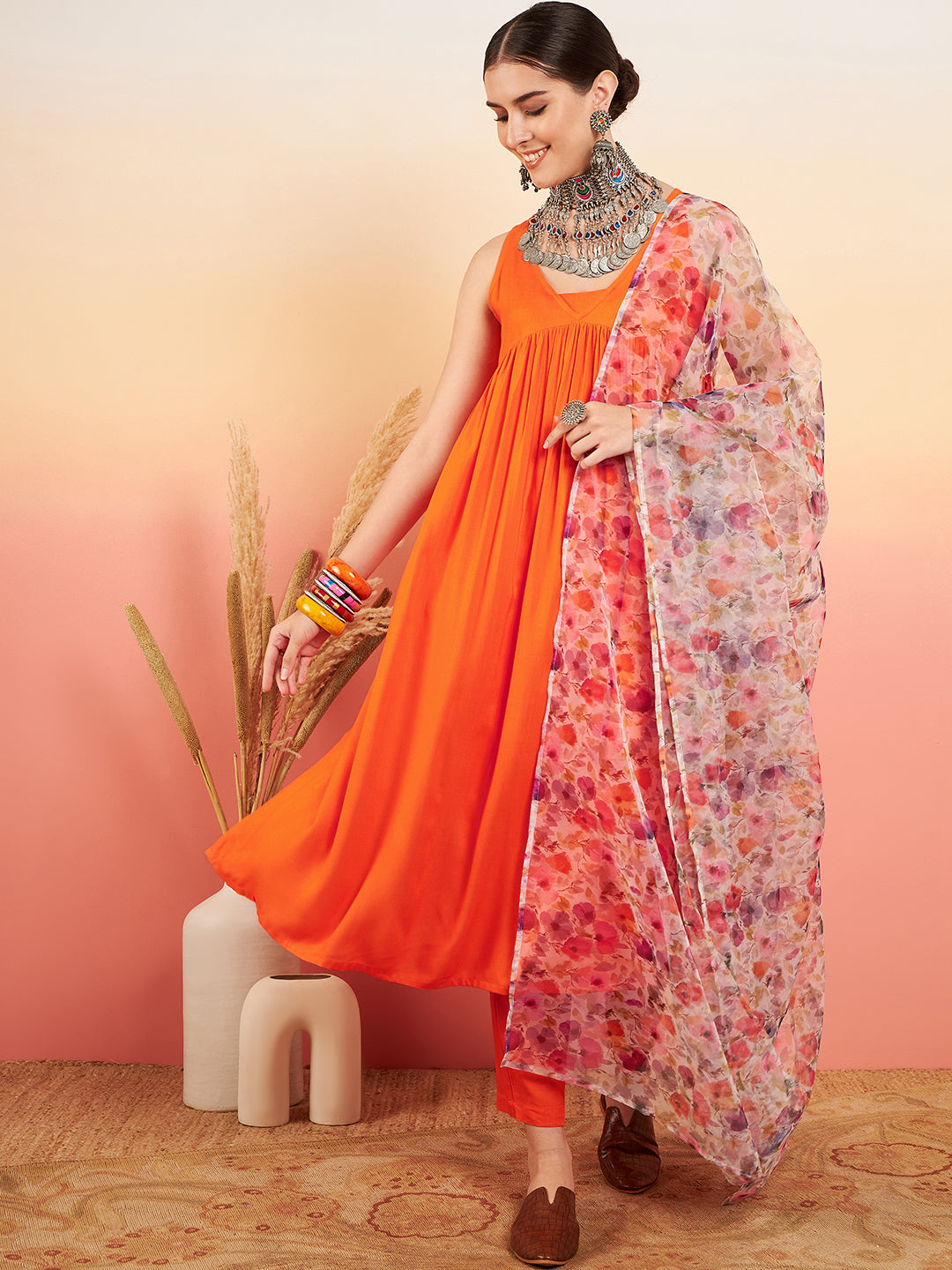 InWeave Women's Orange Sleeveless Flared Kurta Set Offwhite Multi Floral Or Dupata